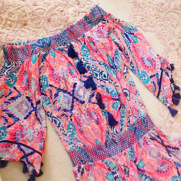 Lilly Pulitzer Dresses & Skirts - Lilly Pulitzer Ikat Off the Shoulder Tassel Dress